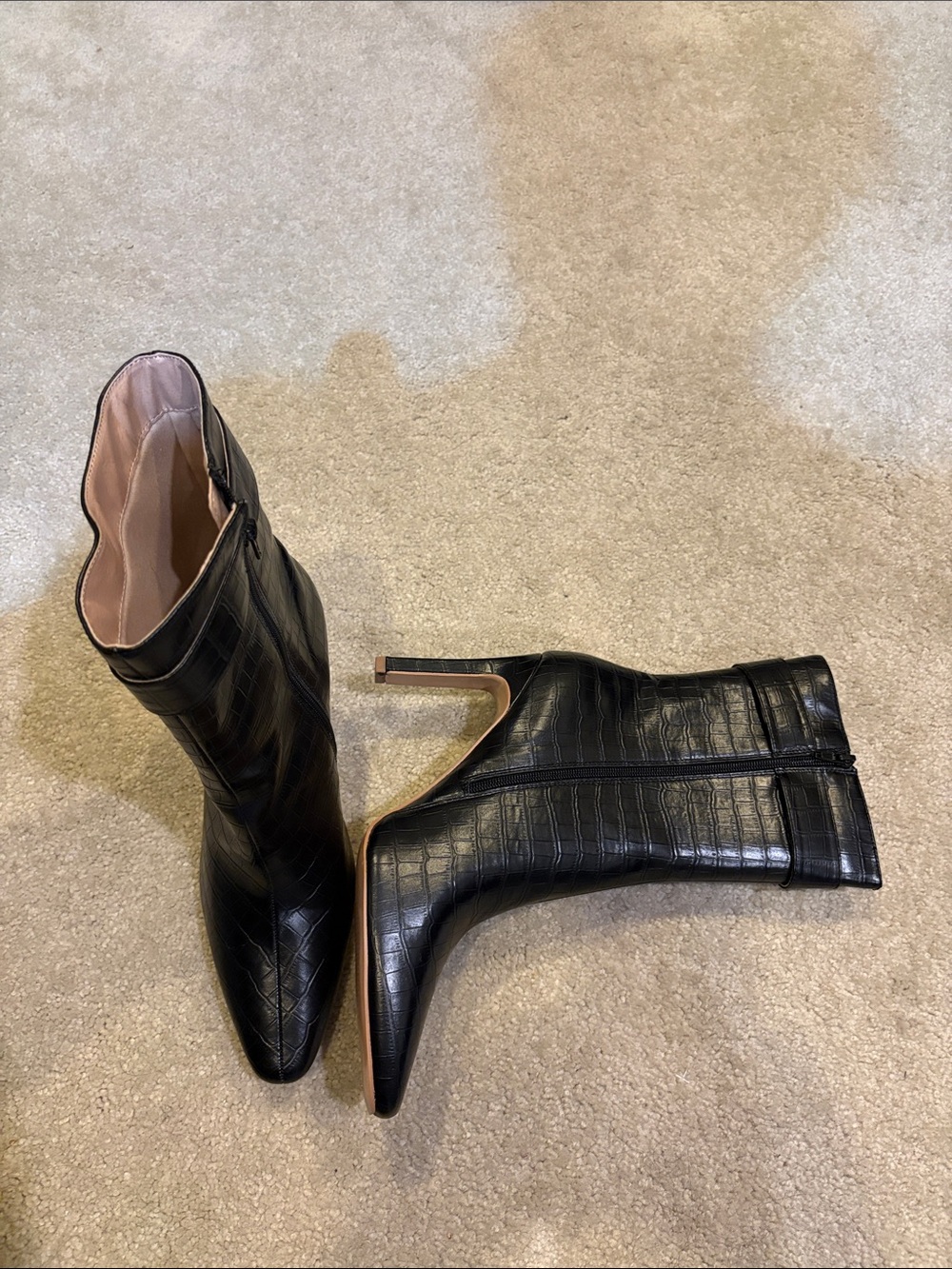 Black Croc-Embossed Pointed Toe Stiletto Booties - Women-Size 12